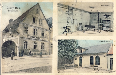 Budova bývalého hostince Ferdinanda Schwartze na náměstí čp. 7/I. V roce 1904 dům koupil Sokol. V zadní části parcely postavil v roce 1926 novou sokolovnu. Na obrázku je vidět i původní sokolovna z počátku  dvacátého století. Dům zbourán v padesátých letech. Dnes zde stojí nákupní středisko.